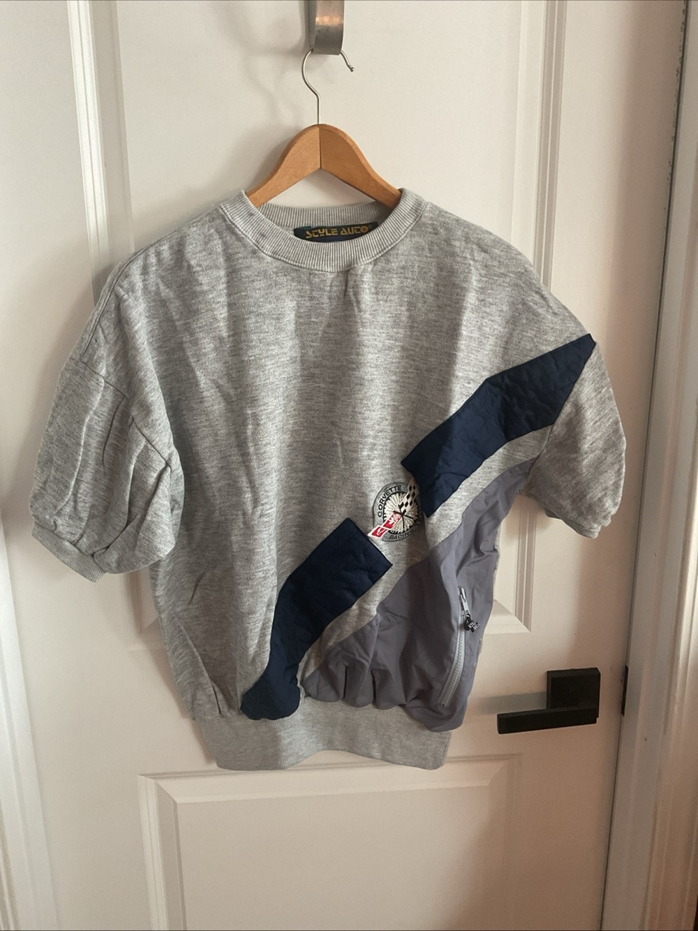 Corvette Racing Grey Short-Sleeve Crewneck Sweatshirt with Navy Diagonal Panels